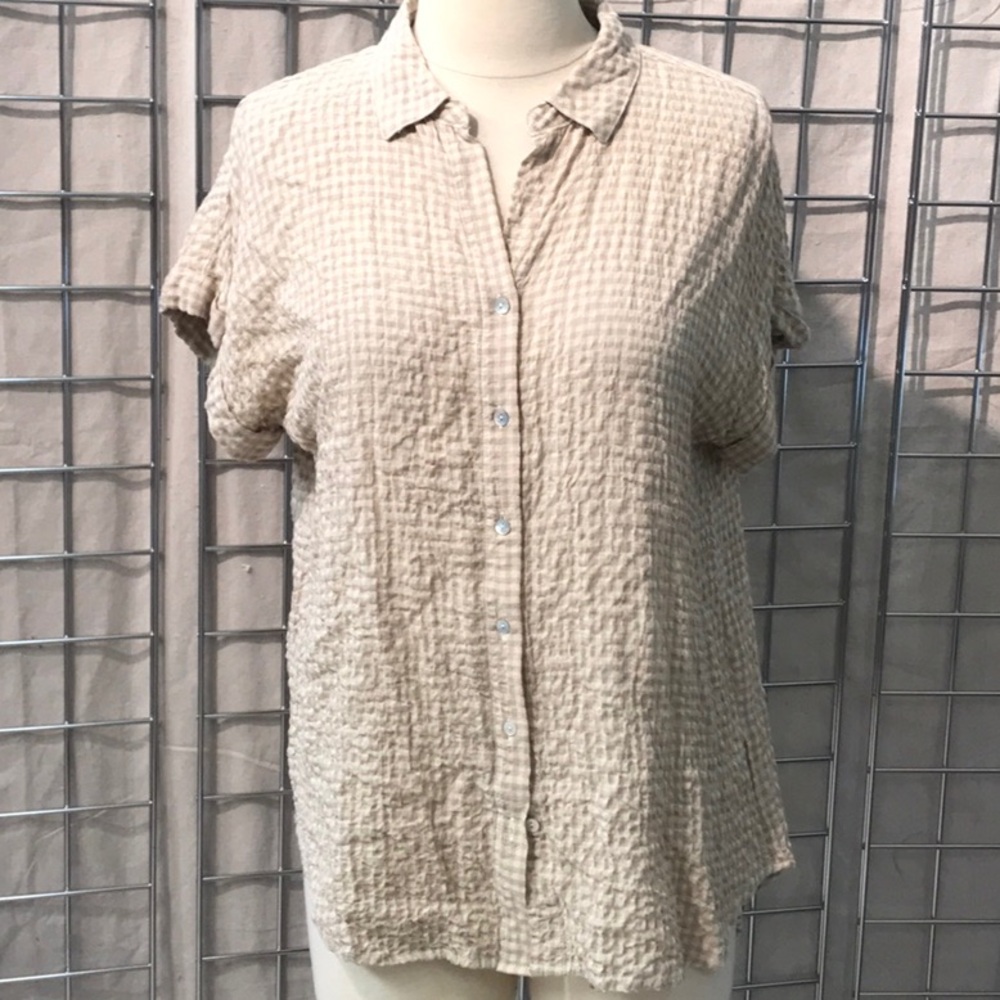 Rayon textured gingham blouse, cap sleeve